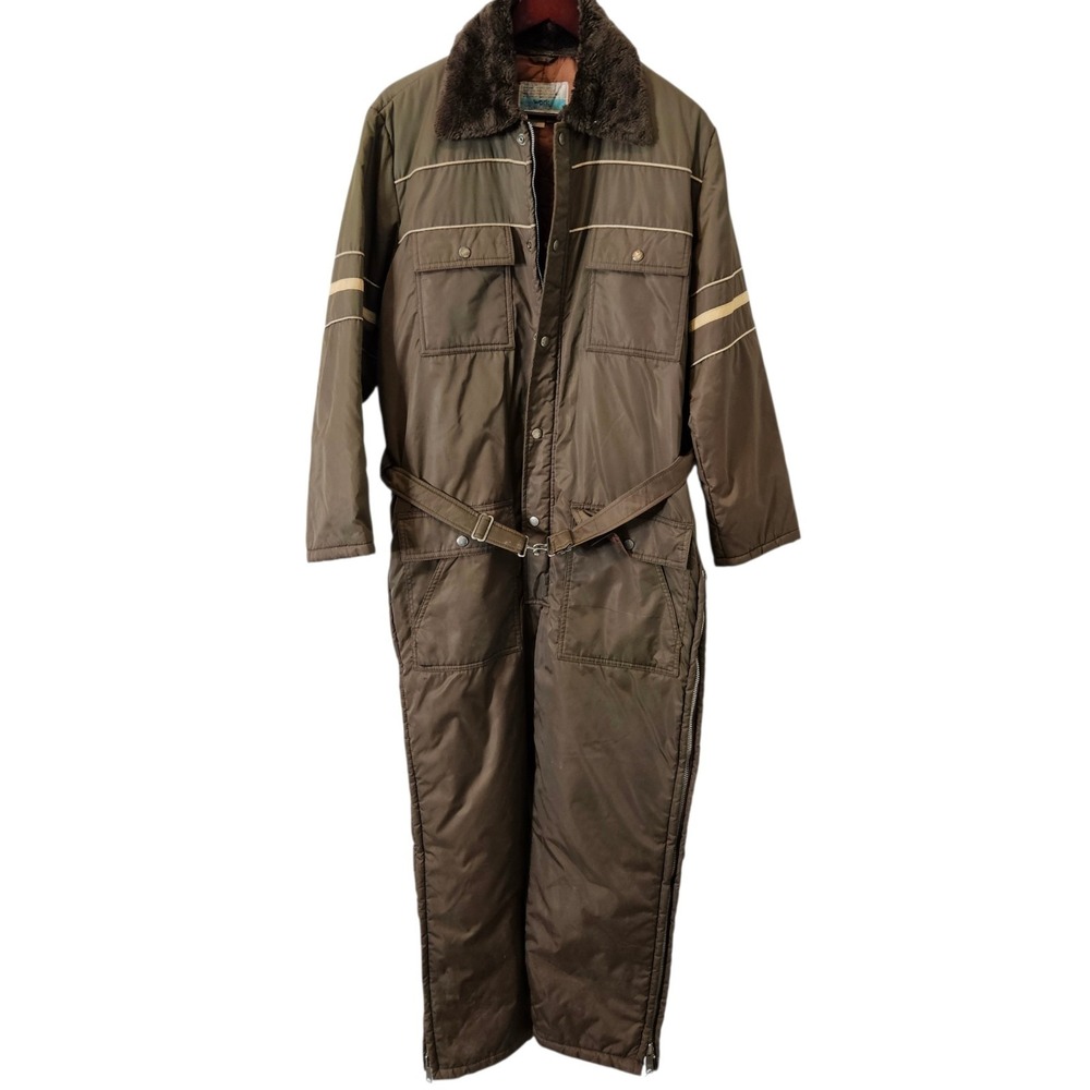 Vintage Sears Work Leisure Insulated Snowmobile Suit Coveralls Brown Sz 42 Short